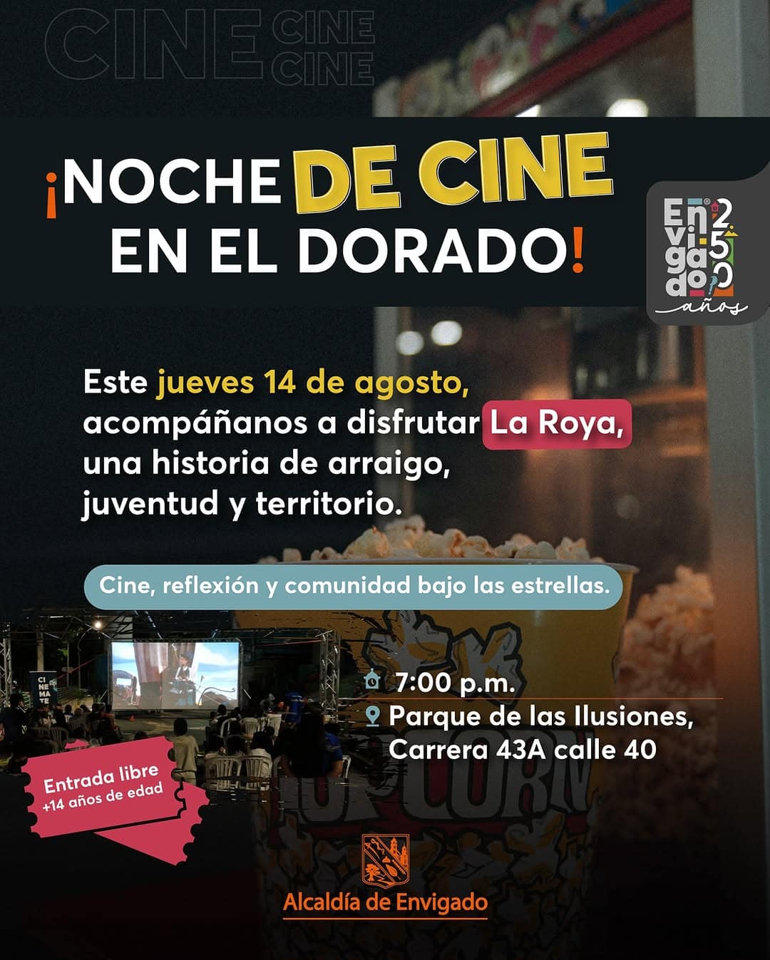 Noche de cine en El Dorado, evento gratuito para disfrutar de cine bajo las estrellas con comunidad, reflexión y cultura en Enviagrado, en el parque de Las Ilusiones.