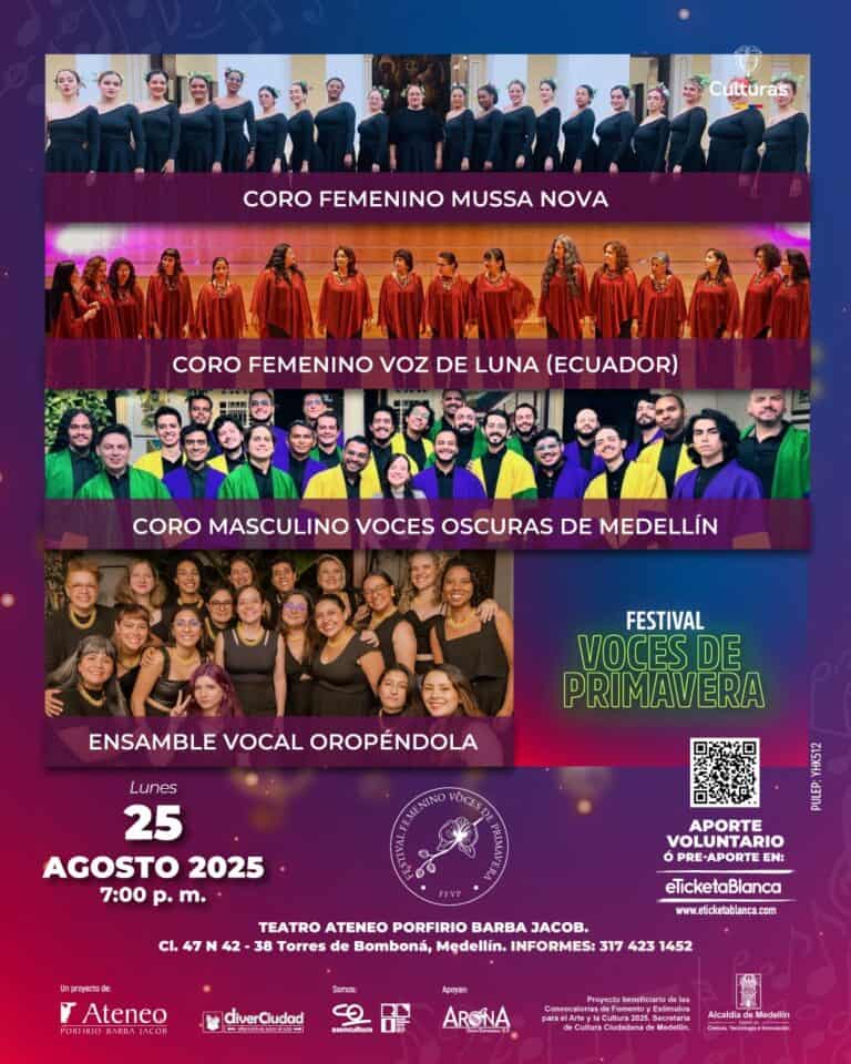 Coro femenino Musa Nova, coro femenino Voz de Luna en Ecuador, coro masculino Voces Oscuras de Medellín y ensamble vocal Oropéndola en evento cultural de voces de primavera en Medellín.