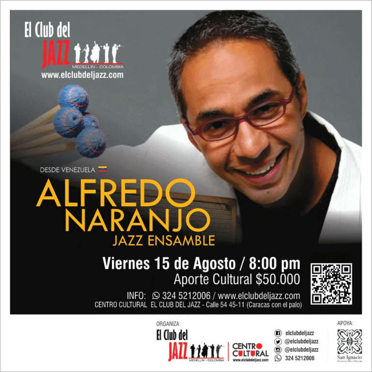 Alfredo Naranjo tocando en un concierto de jazz en Medellín, Colombia, promoviendo el jazz en los eventos culturales.