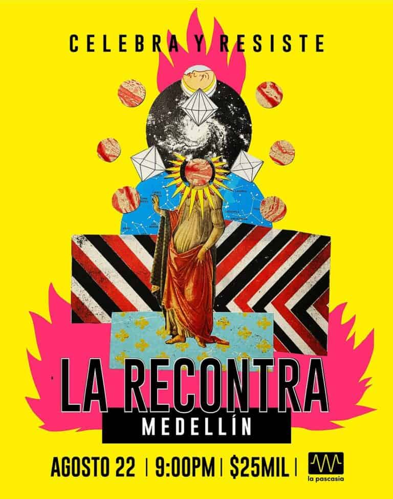 Celebración de resistencia en Medellín con arte moderno, elementos cósmicos y diseño vibrante para promover eventos culturales y artísticos en agosto.