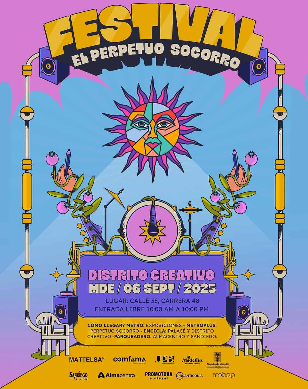 FESTIVAL el Perpetuo Socorro, evento cultural en Medellín con música, arte y creatividad, realizado en el Distrito Creativo, Calle 35 y Carrera 48, el 6 de septiembre de 2025.