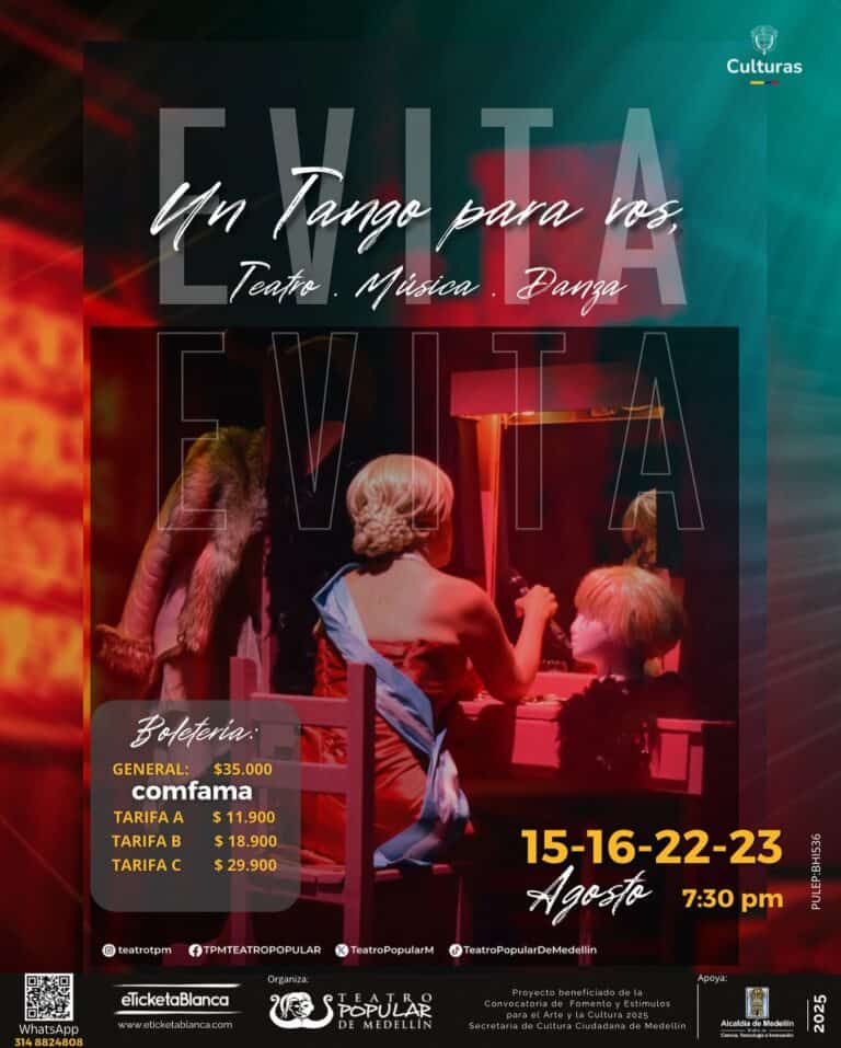 Espectáculo teatral, musical y de danza en Medellín, eventos culturales en agosto en el Teatro Popular de Medellín, con información de boletería y fechas importantes.
