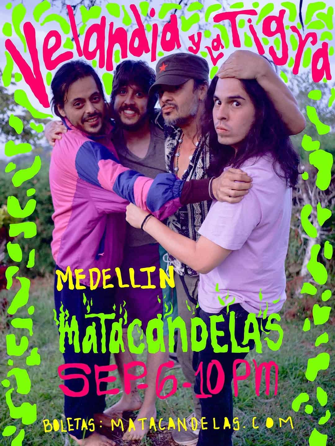 Ambiente colorido y vibrante con un grupo de amigos disfrutando en exteriores, promoviendo eventos culturales y sociales en Medellín.