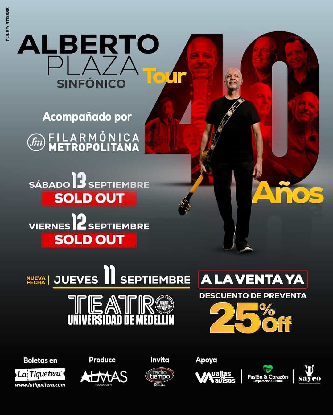 Alberto Plaza en concierto aniversario, evento sinfónico en el Teatro Universidad de Medellín, Colombia, agosto 2023, con descuentos en tiquetes y conciertos agotados, apoyado por varias marcas culturales.