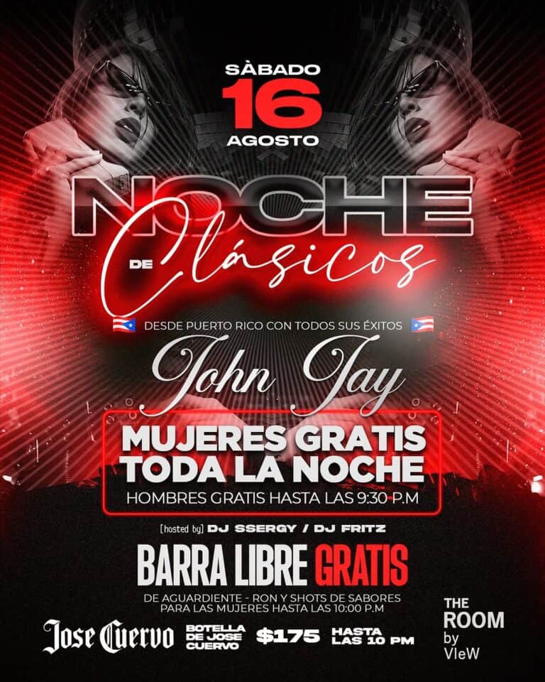 Noches de música en vivo con John Jay en Puerto Rico, con mujeres gratis toda la noche y barra libre gratis por la noche. Evento de música y fiesta en The Room by VleW, con DJ y bebidas de ron y shots de sabores.
