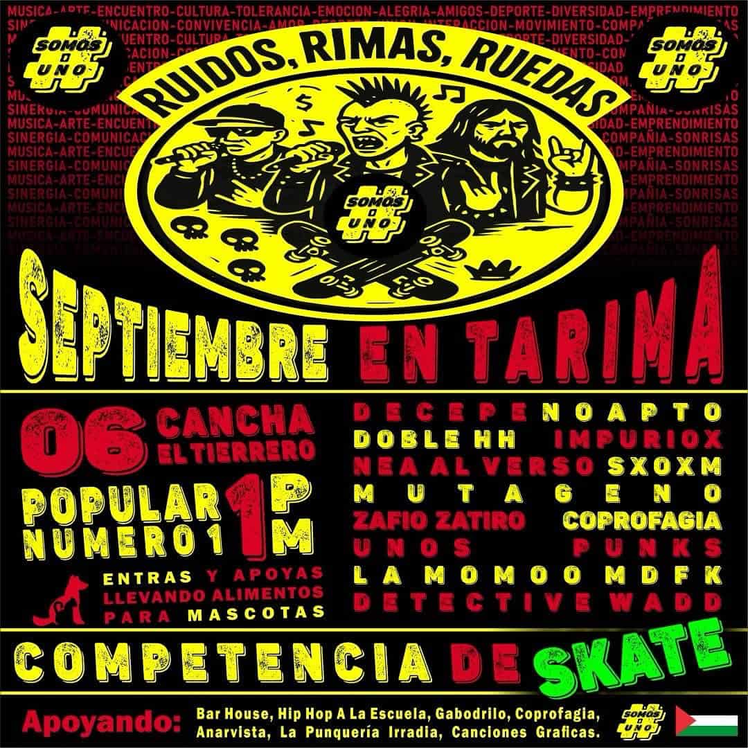 Ruidos Rimas Ruedas concierto en Tarima, evento musical y de cultura urbana en El Tierrero, con artistas populares y actividades para mascotas en septiembre.