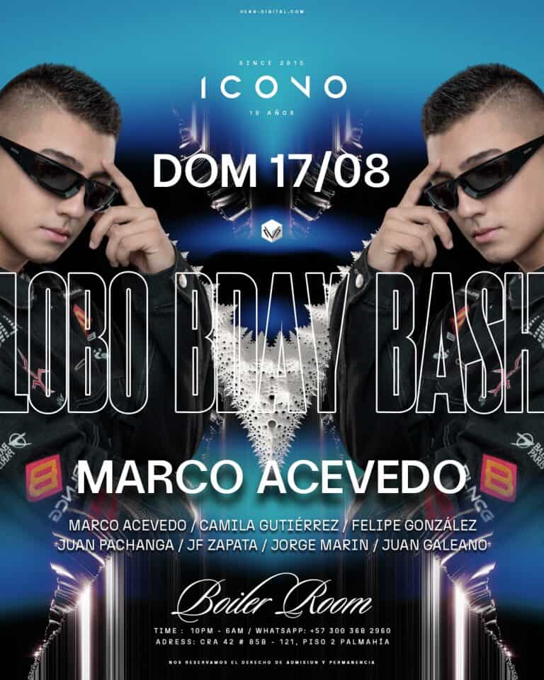 Lado del cartel de evento con DJ Marco Acevedo en un concierto de música electrónica en salón Boiser Room, con efectos visuales y texto en español.