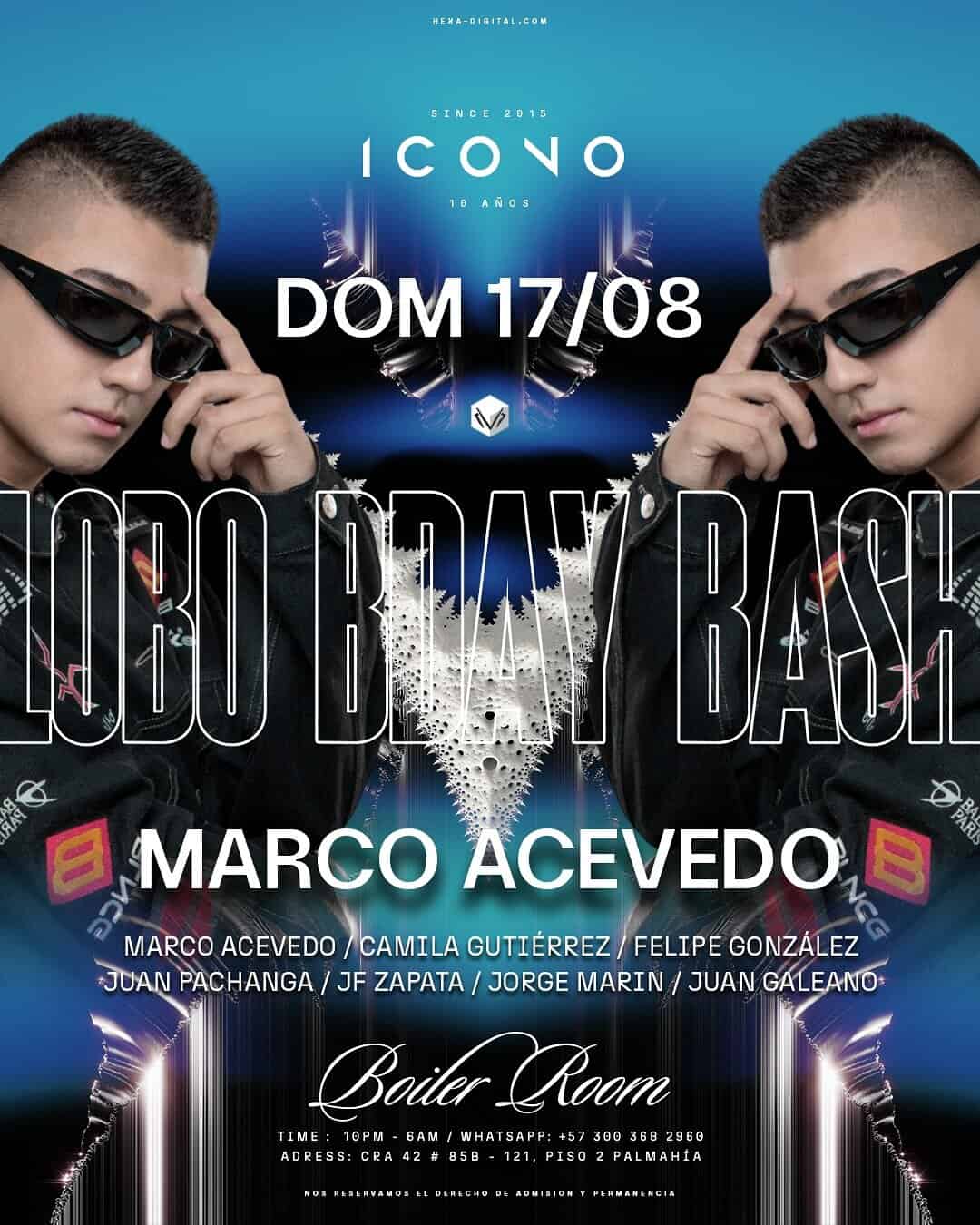 Lado del cartel de evento con DJ Marco Acevedo en un concierto de música electrónica en salón Boiser Room, con efectos visuales y texto en español.