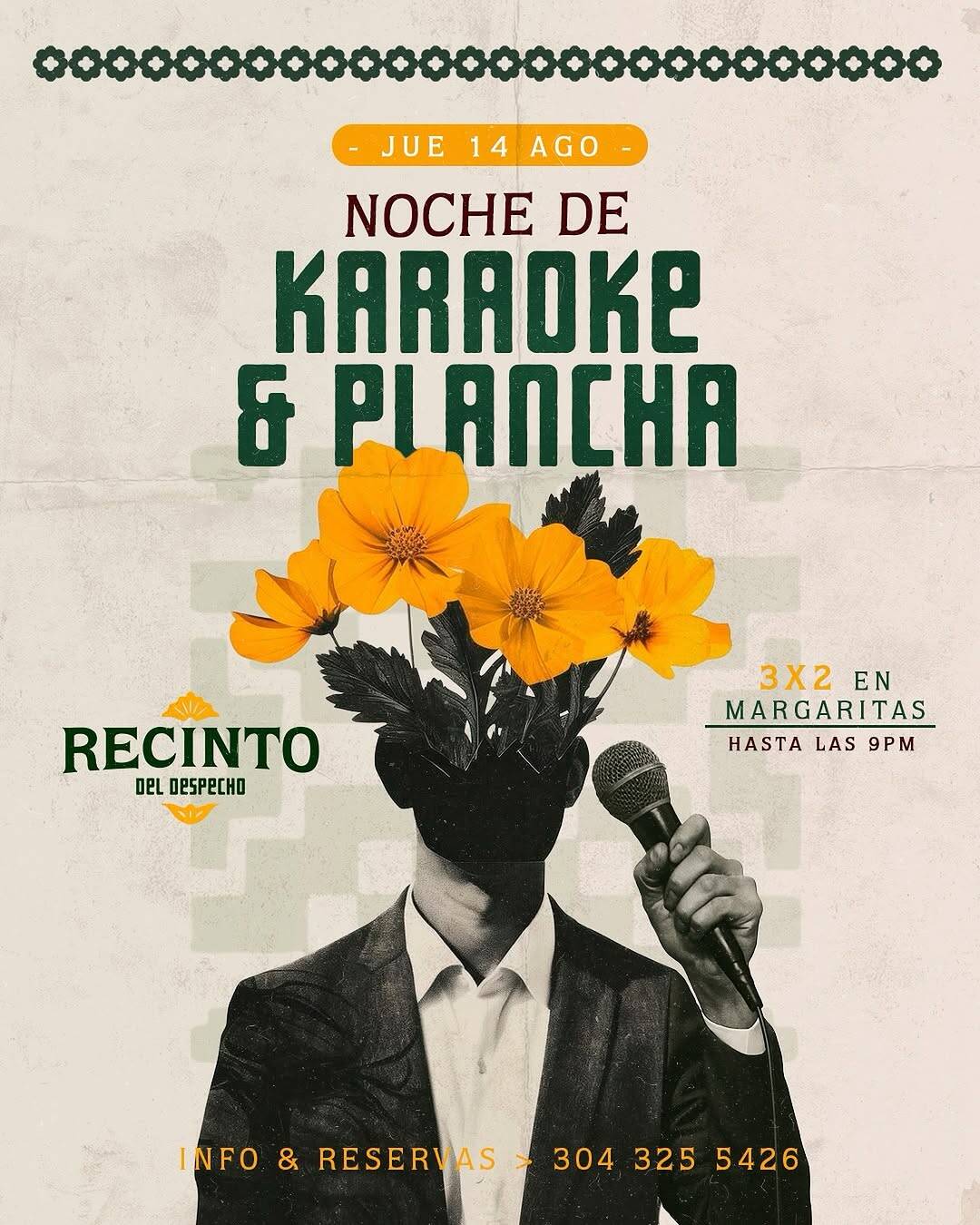 Àrbol con flores amarillas y rostro con micrófono en evento de karaoke y plancha en Bogotá.