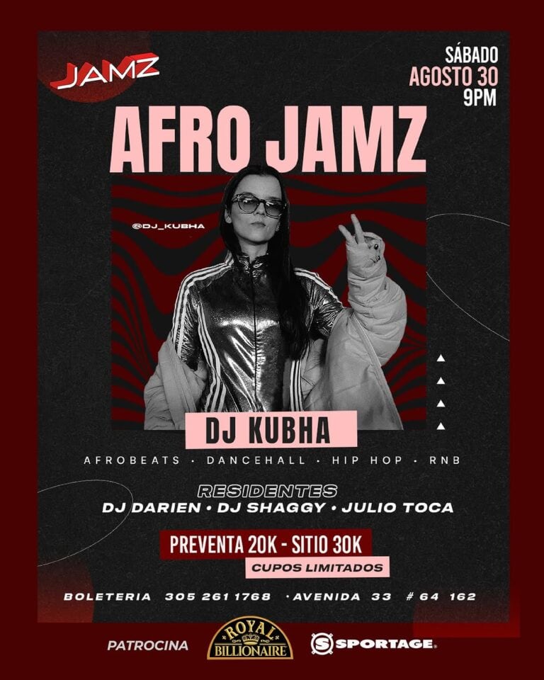 Afro Jamz evento con DJ Kubha, baile de ritmos afro, dancehall, hip hop y RNB en Medellín, concierto con residentes y pre-venta de entradas, noche de música urbana y entretenimiento.