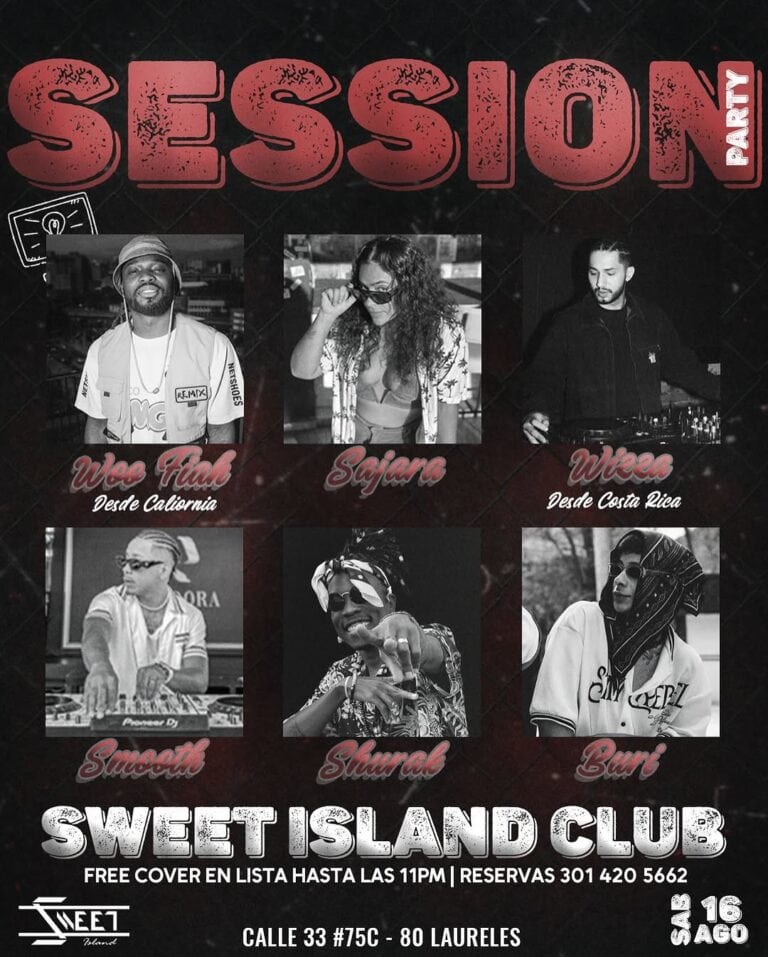 Vendedores de música en vivo y DJs en una fiesta de temporada en Sweet Island Club, en La Laureles. La imagen destaca artistas como Woo Flak, Sajara, Wizza, Smooth, Sturck y Burl en un evento nocturno en Medellín.