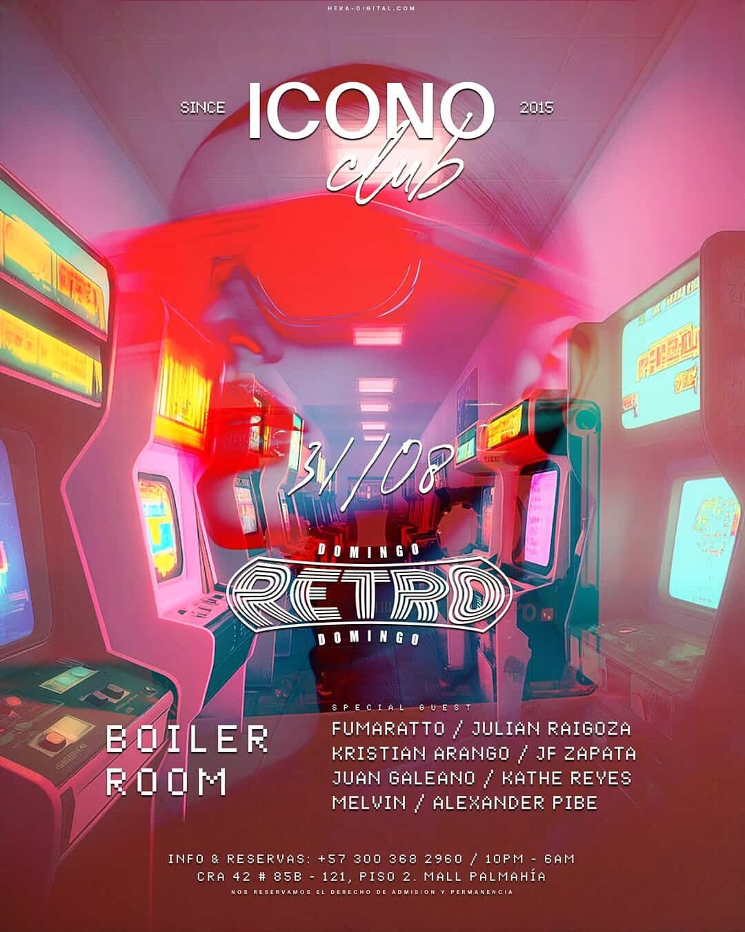 Una sala de video juegos con máquinas arcade retro en un ambiente iluminado con luces de neón rosadas y moradas, ideal para eventos y reuniones de entretenimiento.
