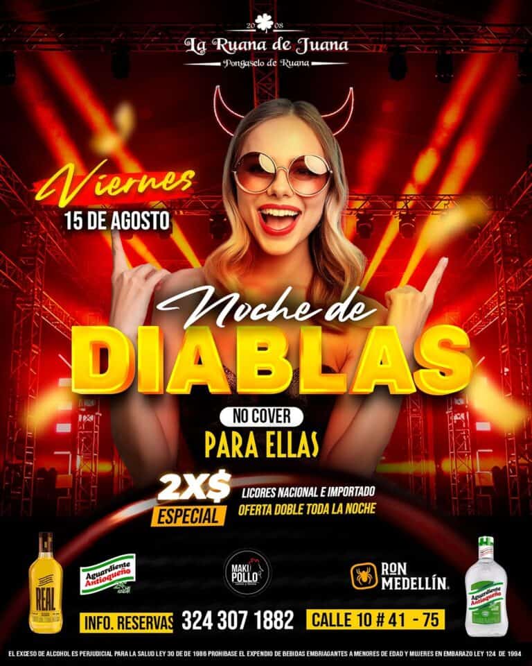 Fiesta de noche temática con ambiente diabólico, luces y música en vivo en La Ruana de Juana, evento para adultos el 15 de agosto, con promociones en licores y entrada sin cover, ideal para disfrutar con amigos.