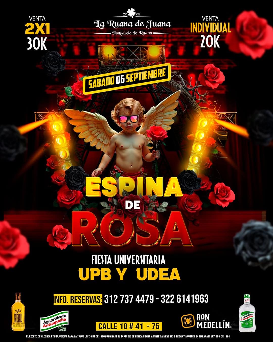 Espina de Rosa fiesta universitaria con temática artística y divertida, con detalles en rojo y negro, incluyendo un niño con alas, rosas y luces de escenario para promover el evento en UPB y UDEA.