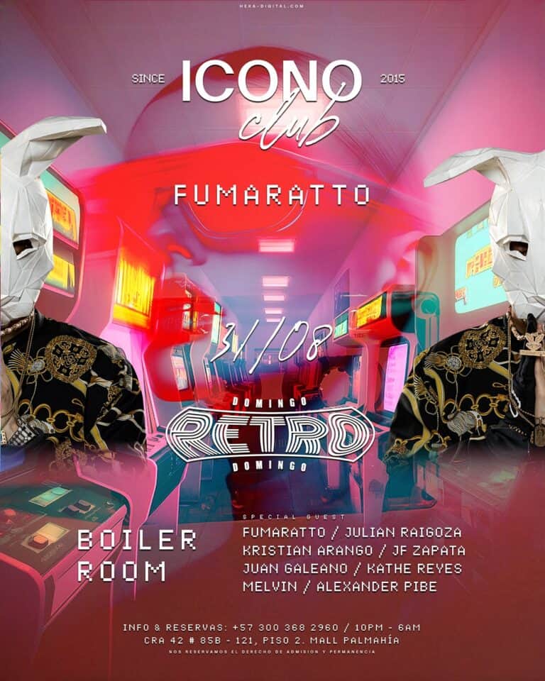 Fondo digital colorido con personajes con máscaras de papel, luces de arcade y detalles llamativos, promocionando un evento nostálgico de música retro con invitados especiales.
