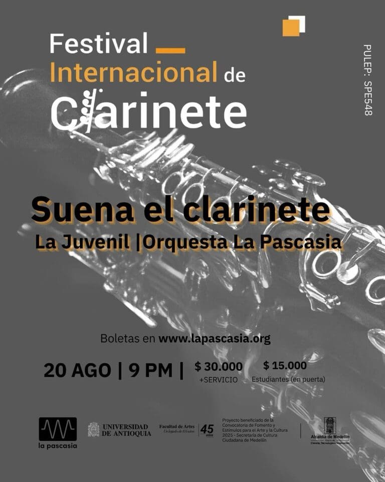 Folleto del Festival Internacional de Clarinete con detalles del concierto y la orquesta La Pascasia.