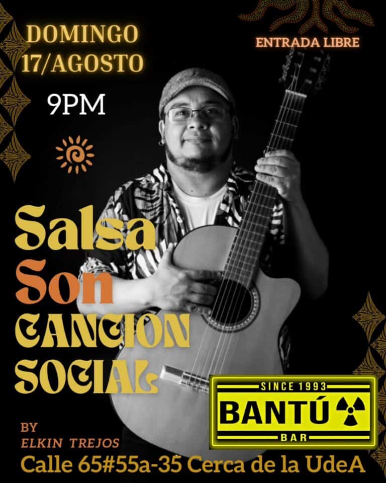 Cabar-agarra de guitarra y promocional de evento de salsa con temática social en Bantu Bar, en Bogotá, con información del evento, fecha y ubicación.