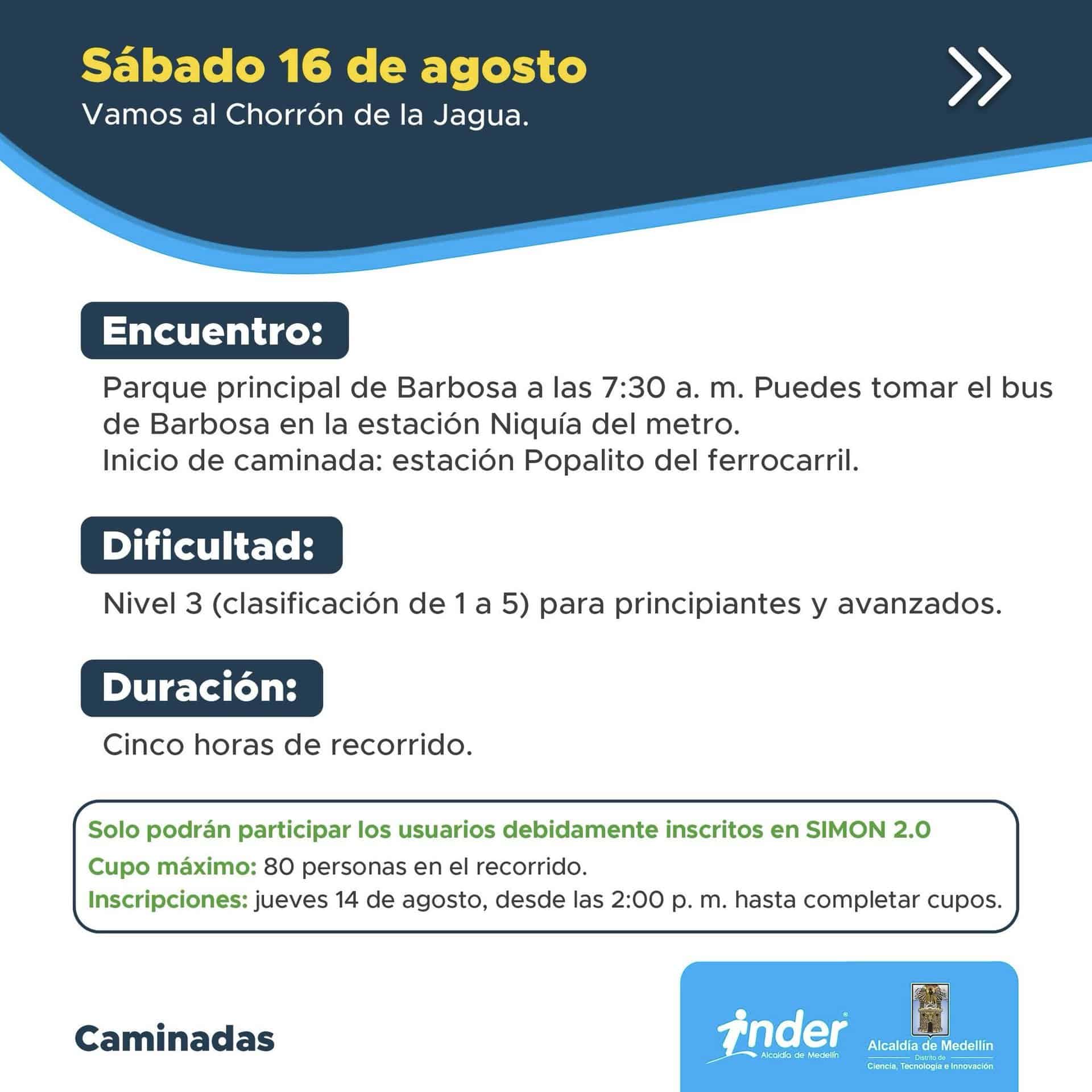 Bajada de imagen: Información sobre la caminata en Chorrón de la Jagua organizada por Eventario en Medellín.