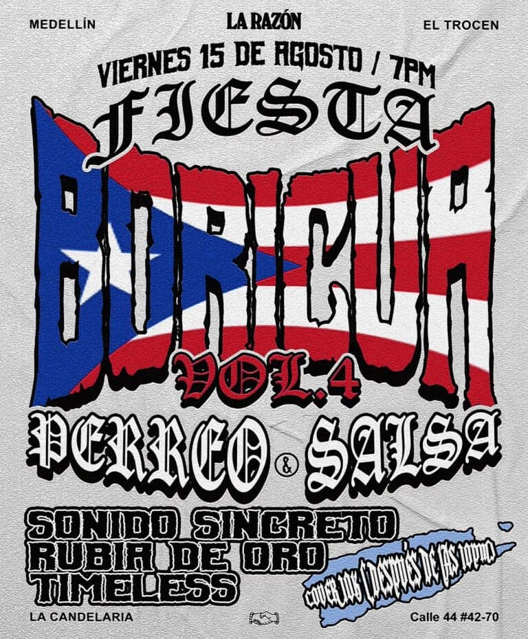 Banda de punk rock con la bandera de Puerto Rico en el fondo, promocionando un evento en Medellín, con estilos musicales como Percico, Salisa, Rubia de Oro y Timeless, en un concierto en El Trocen.