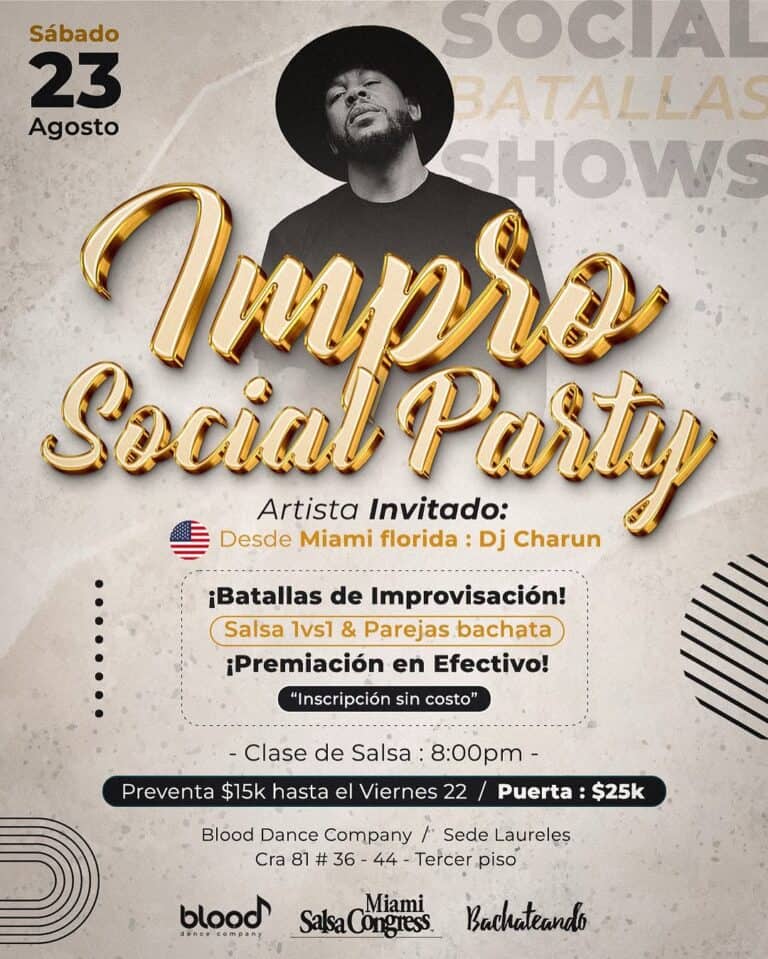 Impulso Social Party con DJ invitado desde Miami Florida, clases de salsa, bachata y premios en efectivo en Laureles. Evento de improvisación y diversión para amantes de la salsa y la bachata en Medellín.