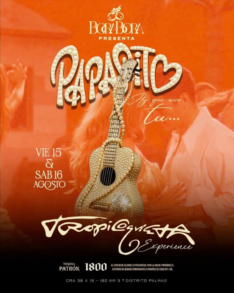 Guitarra decorada con perlas y cristales, cartel de evento musical con fondo naranja, detalles de fechas, ubicación y restricciones de consumo de alcohol en evento en Cartagena.