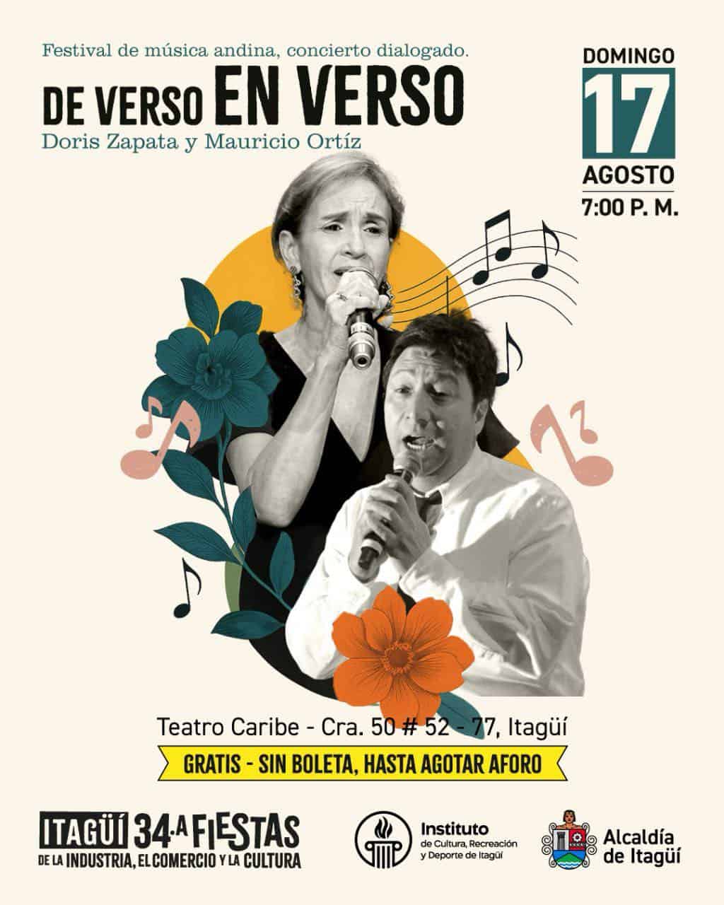 Verso en verso concierto cultural Ibagué música andina artistas Doris Zapata Mauricio Ortiz evento artístico.