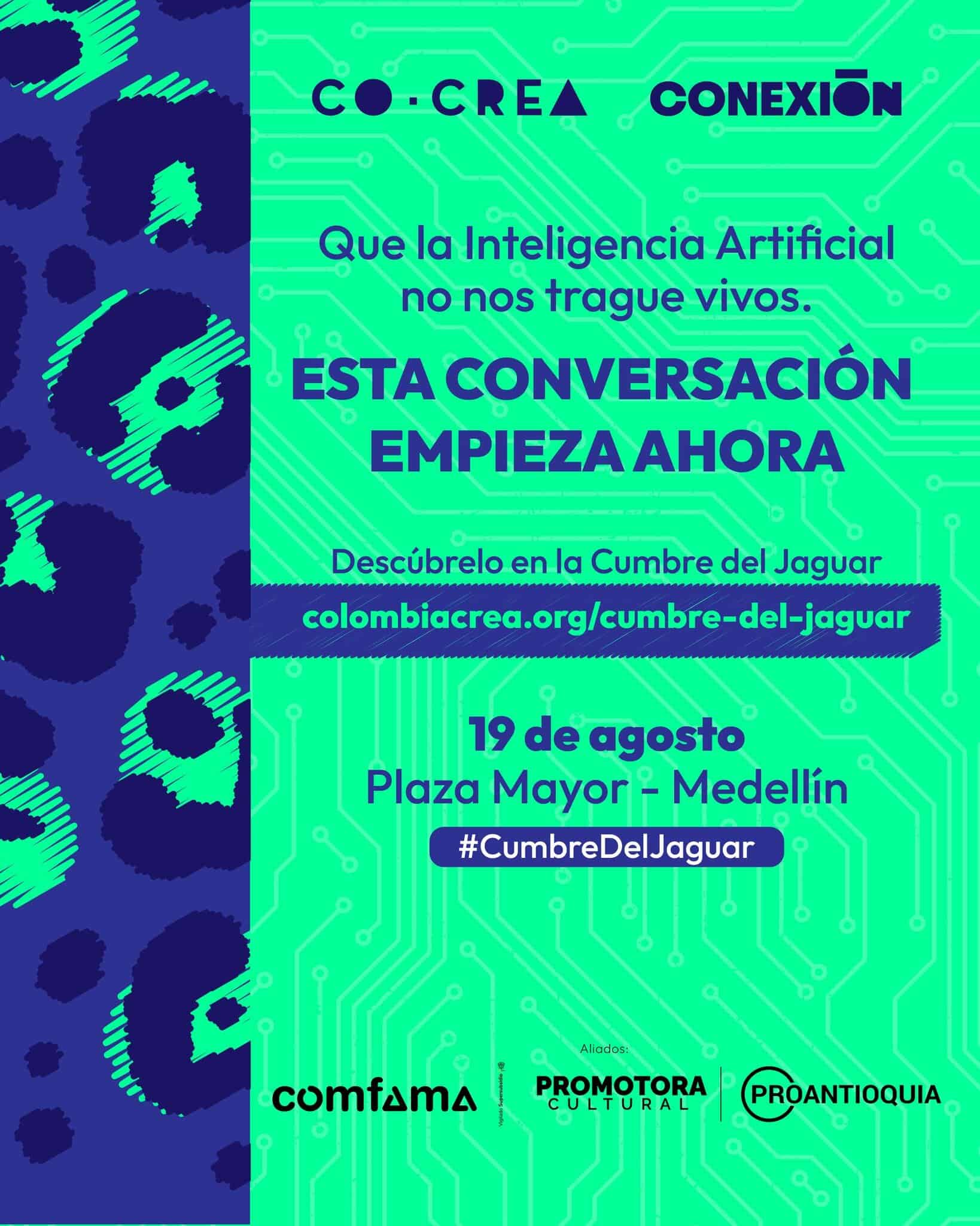 Innovación en inteligencia artificial en evento Cumbre del Jaguar en Medellín, Colombia, con participación de organizaciones culturales y tecnológicas.