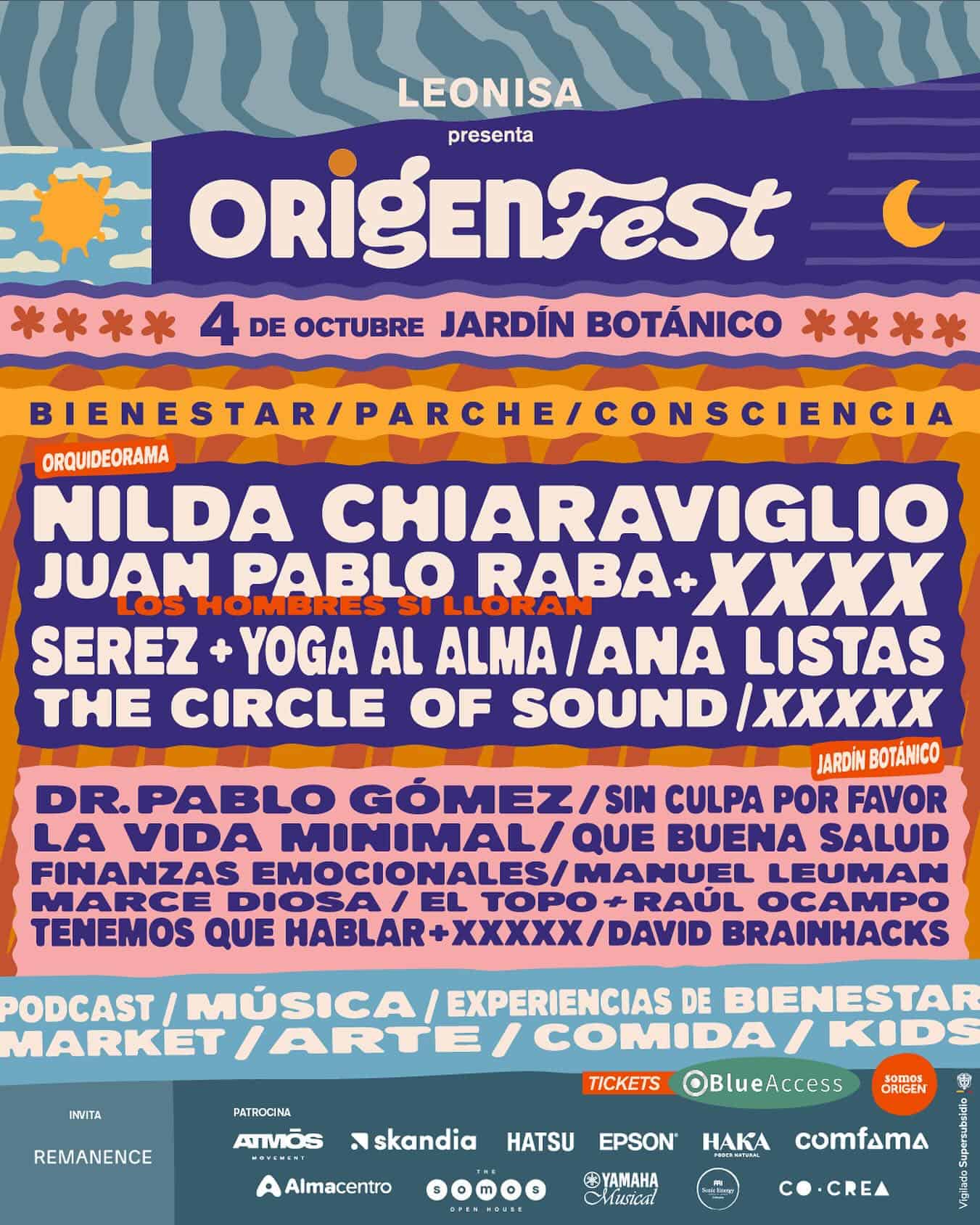 Festival de música y arte en jardín botánico con artistas destacados, expresiones de bienestar, bienestar mental, experiencias conscientes y actividades culturales para promover la salud y el bienestar integral.