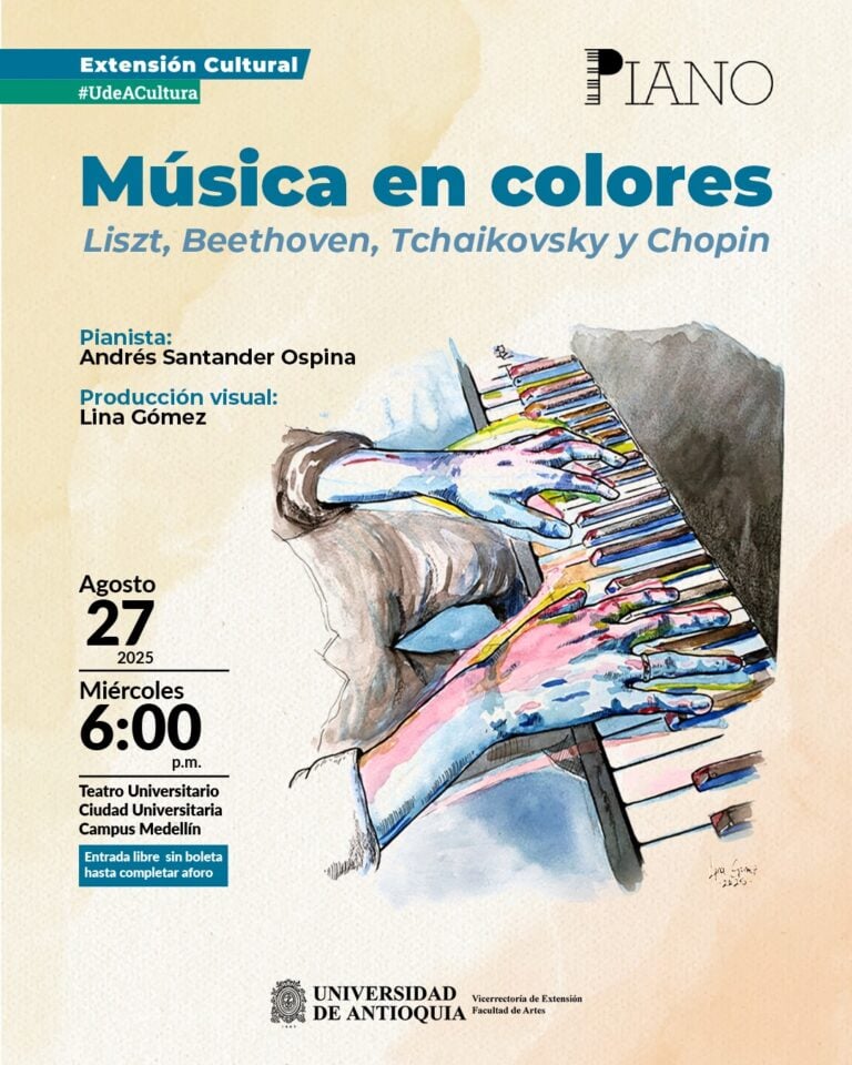 Música en colores: concierto de piano con ilustración artística de manos tocando el teclado, destacando las composiciones de Liszt, Beethoven, Tchaikovsky y Chopin en evento cultural universitario.