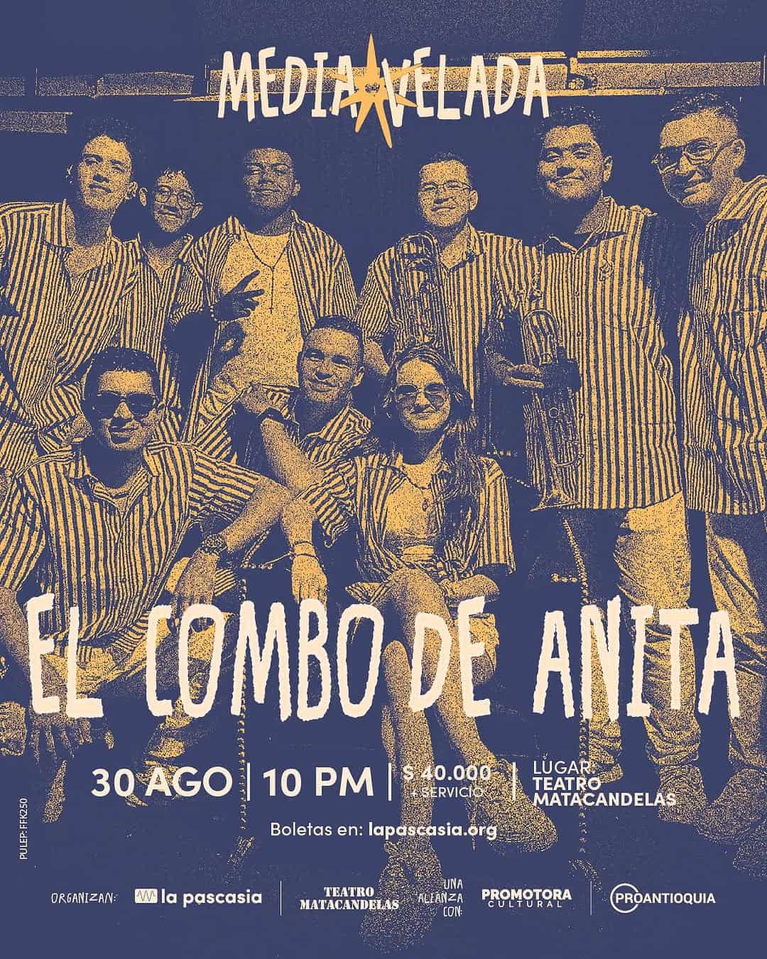 Diversos músicos con instrumentos, todos en conjunto, promocionando el evento musical "El Combo de Aleta" en el teatro Matacandelas en Medellín.