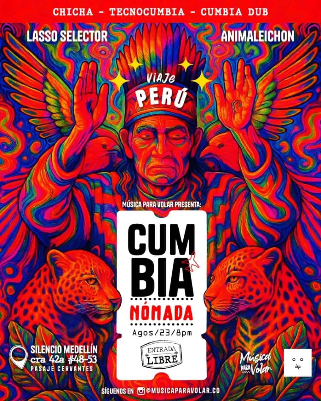 Líderes de música en vivo en un cartel vibrante con fondo psicodélico, resaltando el evento "Cumbia Nómada" en Medellín, con detalles del lugar, fecha y hora del concierto.