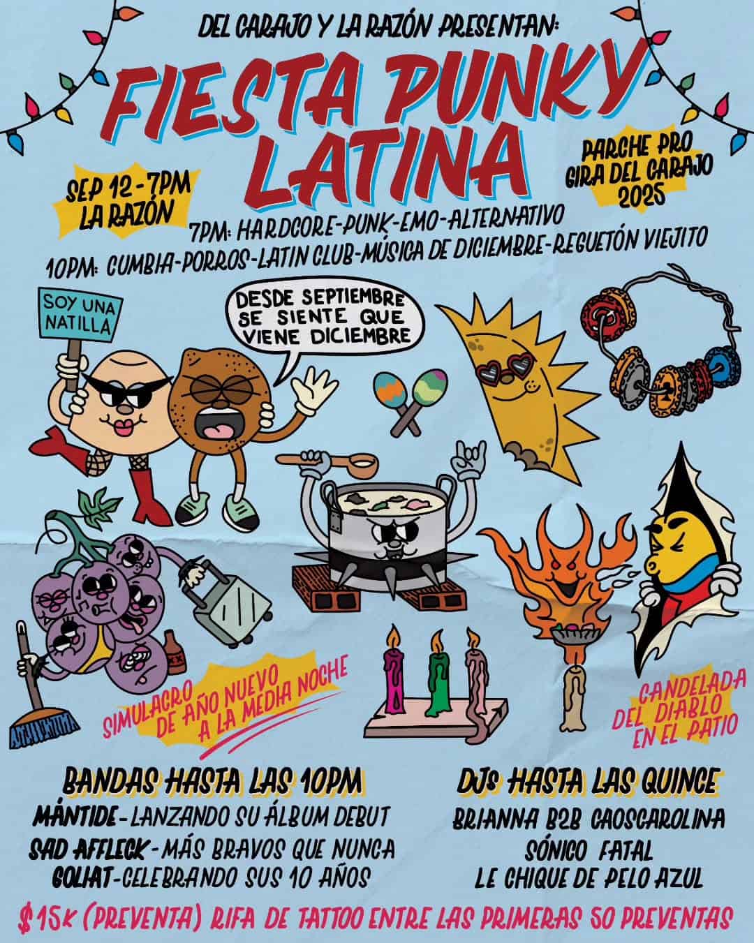 Fiesta punky latina con música en vivo, concursos, comida tradicional y decoración temática en Gira del Carajo 2025 en La Razón. Evento con bandas, DJ, arte corporal y ambiente alternativo para amantes de la cultura punk y latina.