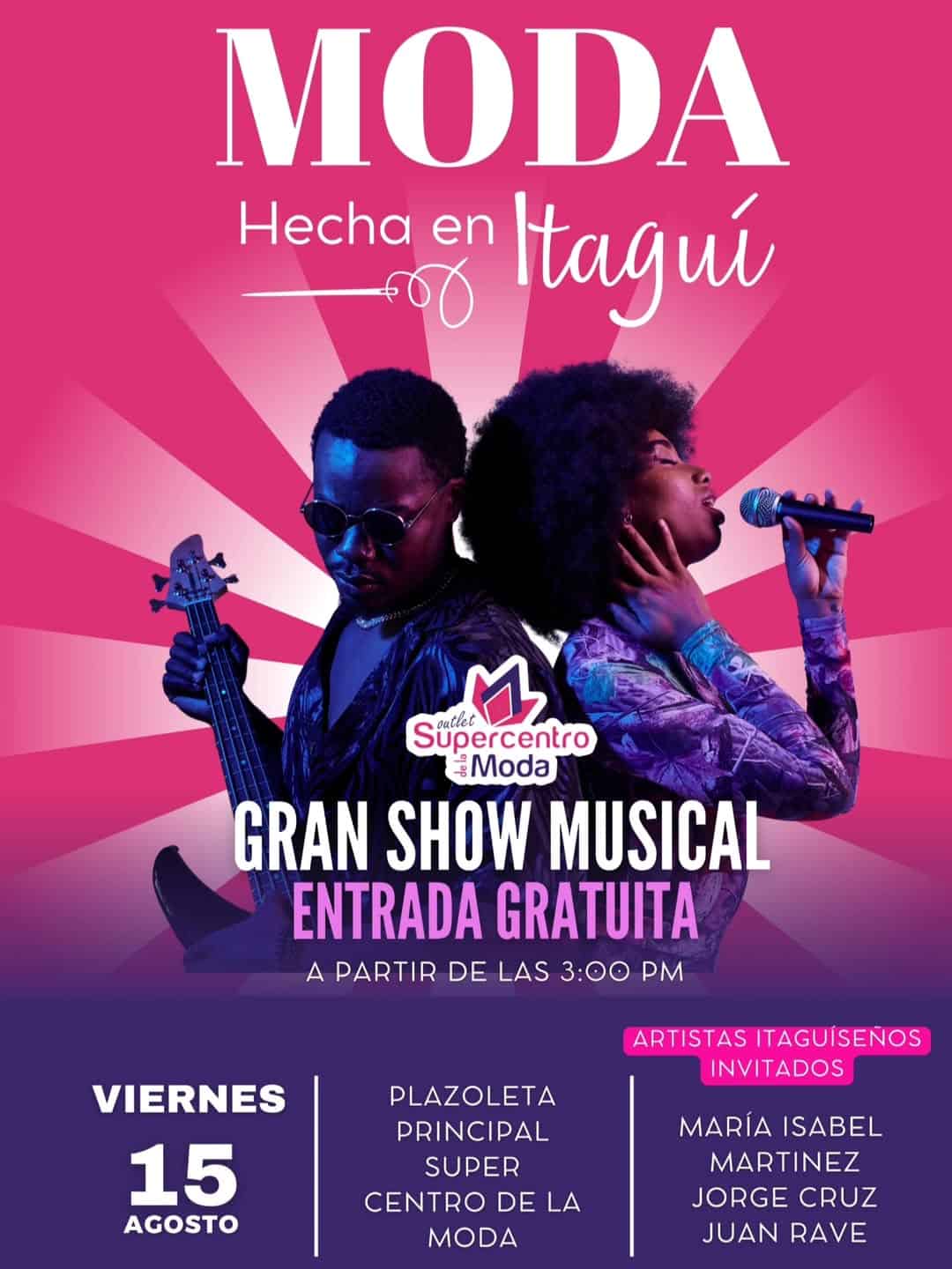 Espectáculo musical en vivo en Itagüí con artistas locales en un evento de moda, con entrada gratuita y gran show musical, en la plaza principal del Centro de la Moda.