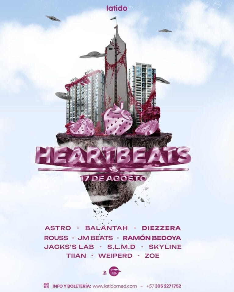 Flotante con edificio y fresas en color rosa para evento Heartbeats en Bogotá, promoviendo música y artistas como Astro, Balantah y más, en un ambiente urbano y moderno.