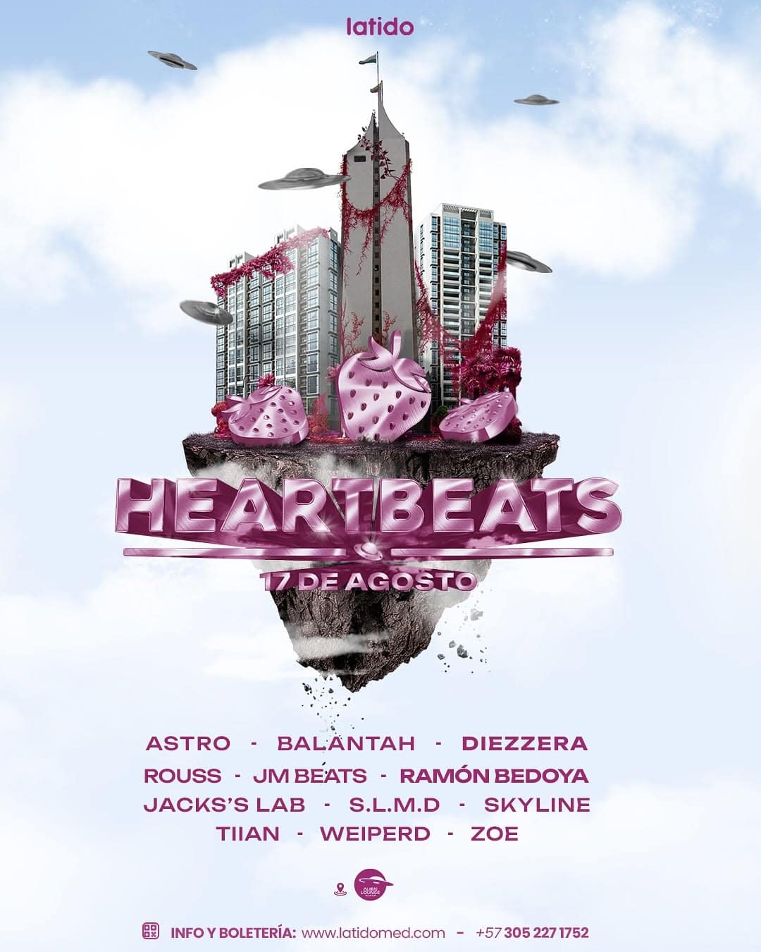 Flotante con edificio y fresas en color rosa para evento Heartbeats en Bogotá, promoviendo música y artistas como Astro, Balantah y más, en un ambiente urbano y moderno.