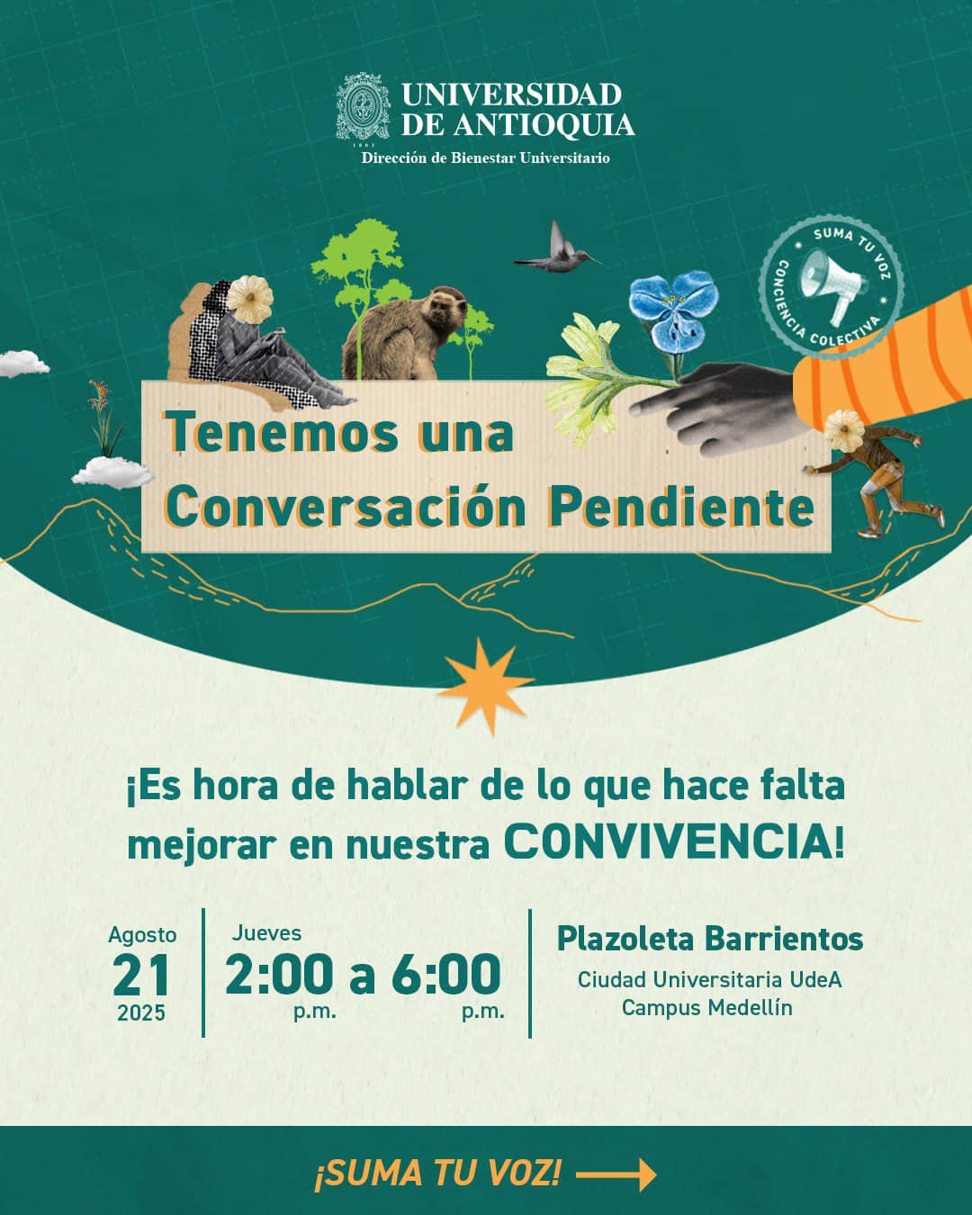 Convocatoria universitaria de evento en Medellín, Colombia, promoviendo el diálogo sobre comunidad y convivencia en un ambiente académico en la Universidad de Antioquia.