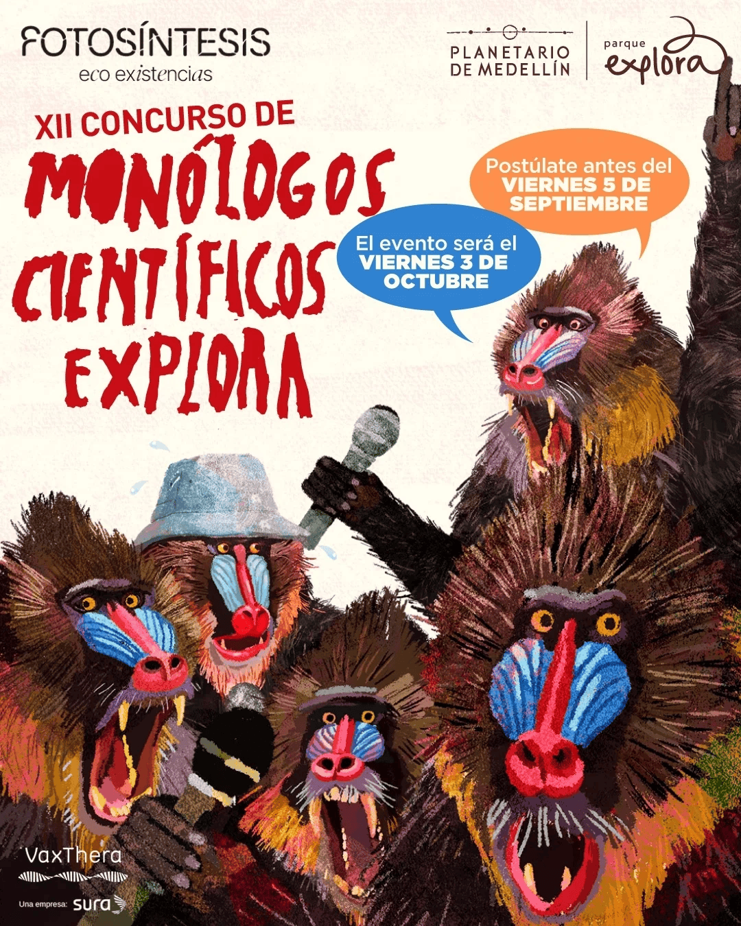 Mono de selva con maquillaje colorido, sosteniendo un micrófono y participando en un evento científico y cultural en Medellín, promoviendo el concurso de monólogos científicos y la eco existencia.