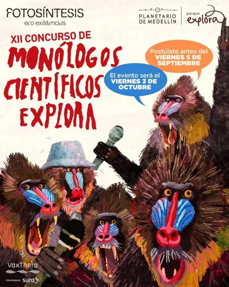 Monos con disfraces coloridos en evento científico en Medellín, participando en concurso de monólogos científicos en el Parque Explora, promoviendo la ciencia y la educación ambiental.