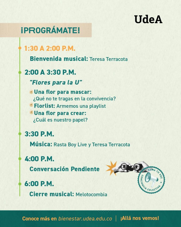 Barrera de texto de programa de evento, actividades culturales y musicales en Udea, programación de talleres y conciertos, con enfoque en eventos en Colombia para SEO.