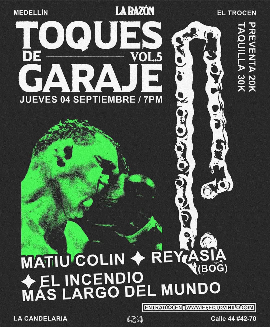 TOQUES DE GARAJE VOL.5 cartel promocional de concierto en Medellín con artistas como Matiu Colin y Rey Asia, fecha 4 de septiembre a las 7 pm, en La Candelaria, con venta de entradas en línea en efectovino. com.