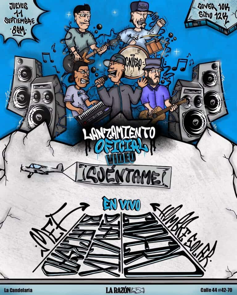 Disco de lanzamiento oficial del video musical en vivo por una banda de rock con instrumentos y altavoces. Ilustración urbana con artistas tocando en escenario y cartel promocional.