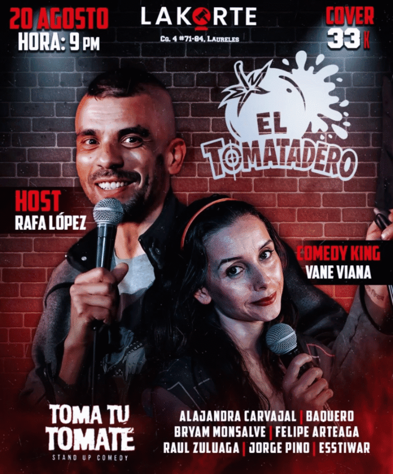 Espectáculo de stand-up comedy en La Llorita con humor y humoristas reconocidos en la escena local, presentando a host Rafa López y Vane Viana en una noche llena de risas y diversión.