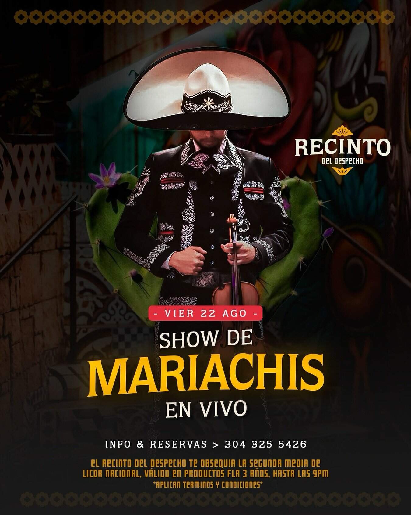 Sombrero tradicional mexicano con escenario para espectáculo de mariachi en vivo, promoviendo evento cultural en Recinto del Despejo en agosto. Feria, cultura, música en vivo, mariachi, evento en Colombia.