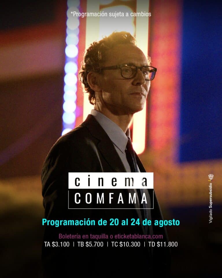 Espectacular cartel promocional de cinema COMFAMA, con un hombre con gafas en primer plano y luces de neón en el fondo, promoviendo la programación del 20 al 24 de agosto en Antioquia, Colombia.
