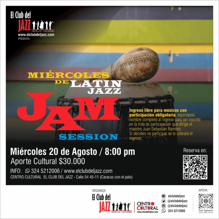 Inauguración de la sesión de jazz latino en el Club del Jazz, Medellín, Colombia, con un ambiente cultural y musical, entrada libre para músicos, con participación obligatoria, en el centro cultural El Club del Jazz.