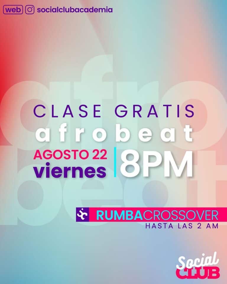 Clase gratis de afrobeats en Rumba Crossover el 22 de agosto a las 8 pm, con clases abiertas y gratuitas de baile para todos los niveles en Social Club.