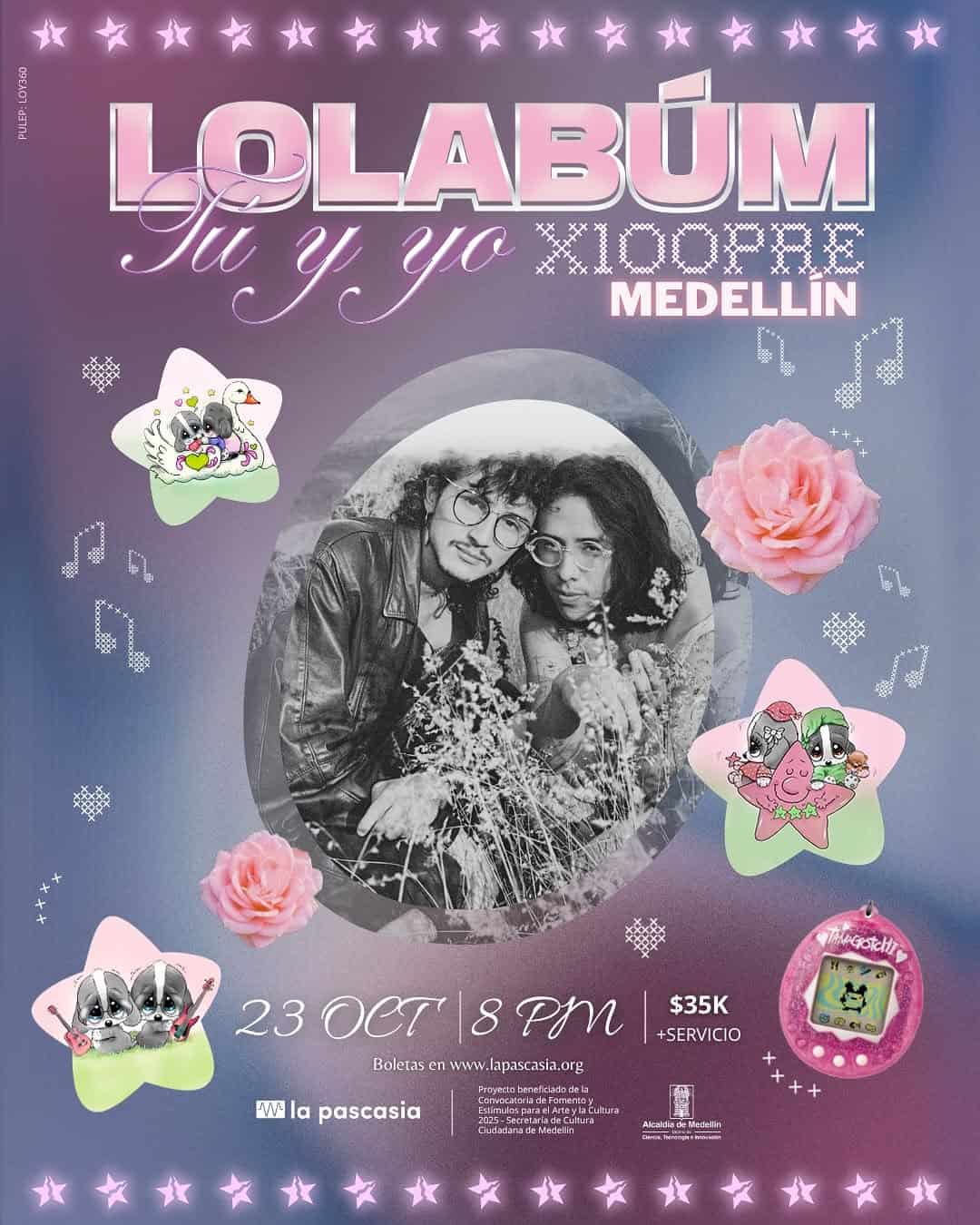 Llamativa cartel de evento musical y cultural en Medellín, con fotos de artistas y elementos decorativos coloridos, promoviendo el concierto "Lola Büm Tú y ya XIOOPE" en Medellín, con detalles de fecha, hora y precio.