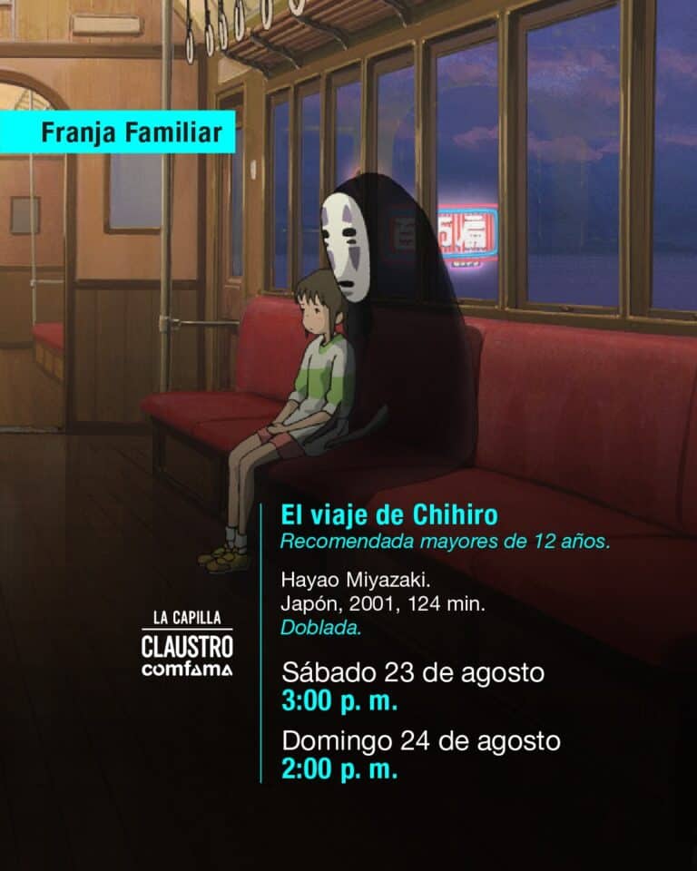 Chica y personaje enmascarado sentados en un tren por la noche, promocionando la película El viaje de Chihiro. Imagen ideal para eventos culturales, cine japonés y programación de películas en teatros y festivales.