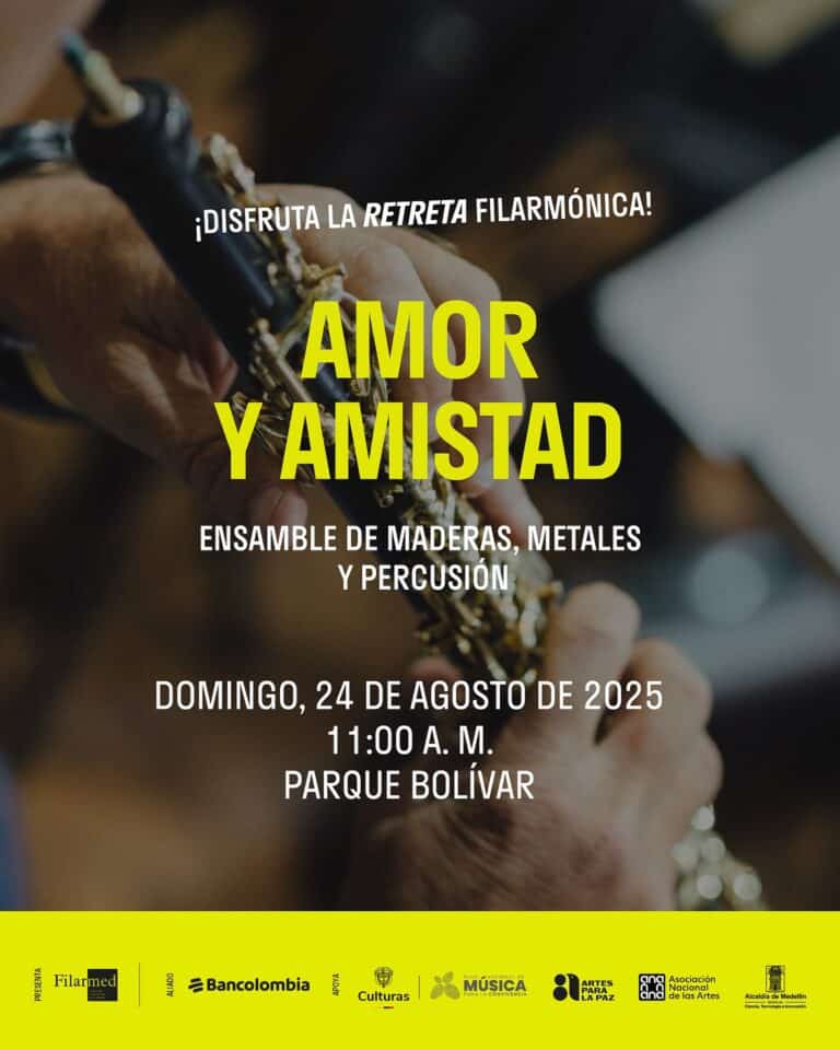 Disfruta la feria de música en la filarmónica de Medellín, con ensamble de maderas, metales y percusión, en un evento de amor y amistad el domingo 24 de agosto de 2025 a las 11:00 a.m. en Parque Bolívar.