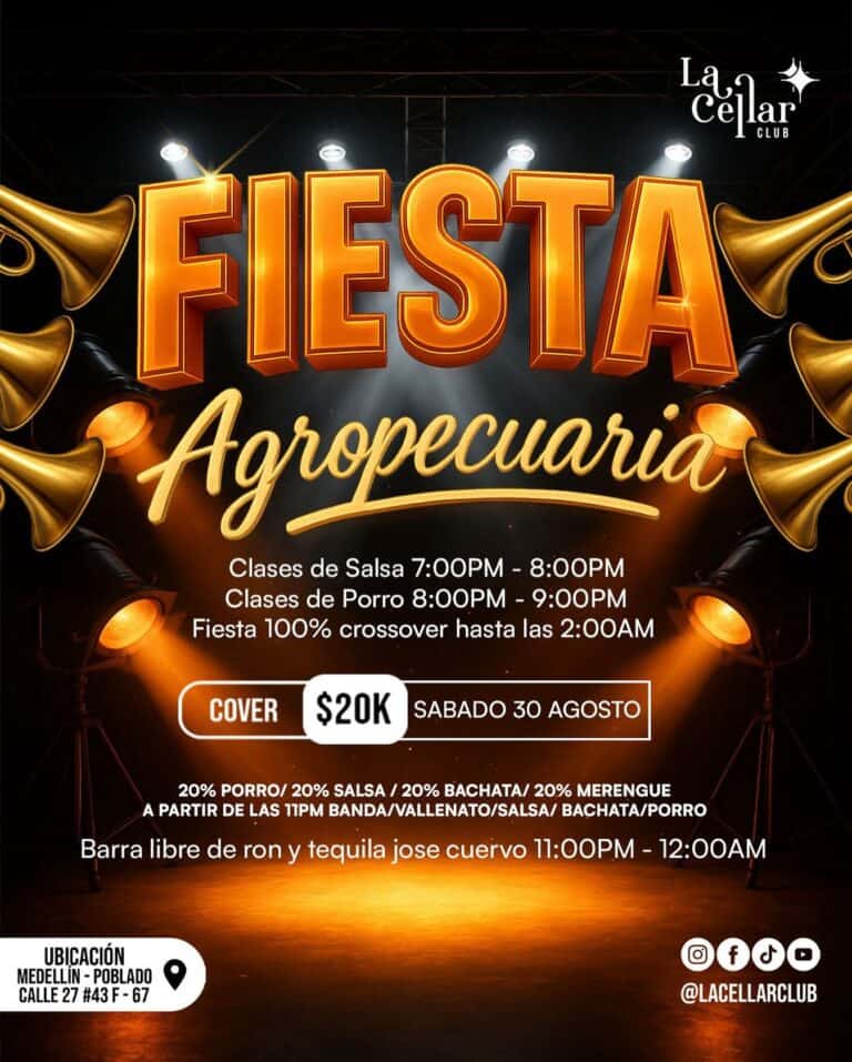 Fiesta agropecuaria en Medellín, con clases de salsa y porro, música en vivo, y banda, en La Cellar Club, evento dedicado a la cultura campesina y la gastronomía tradicional, entrada económica.